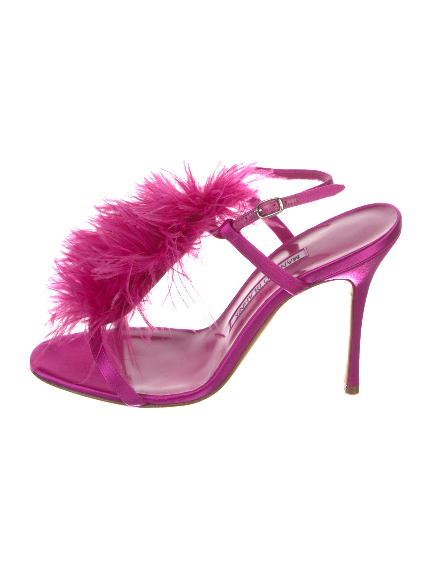 Manolo Blahnik Satin Feather Trim Slingback Sandals