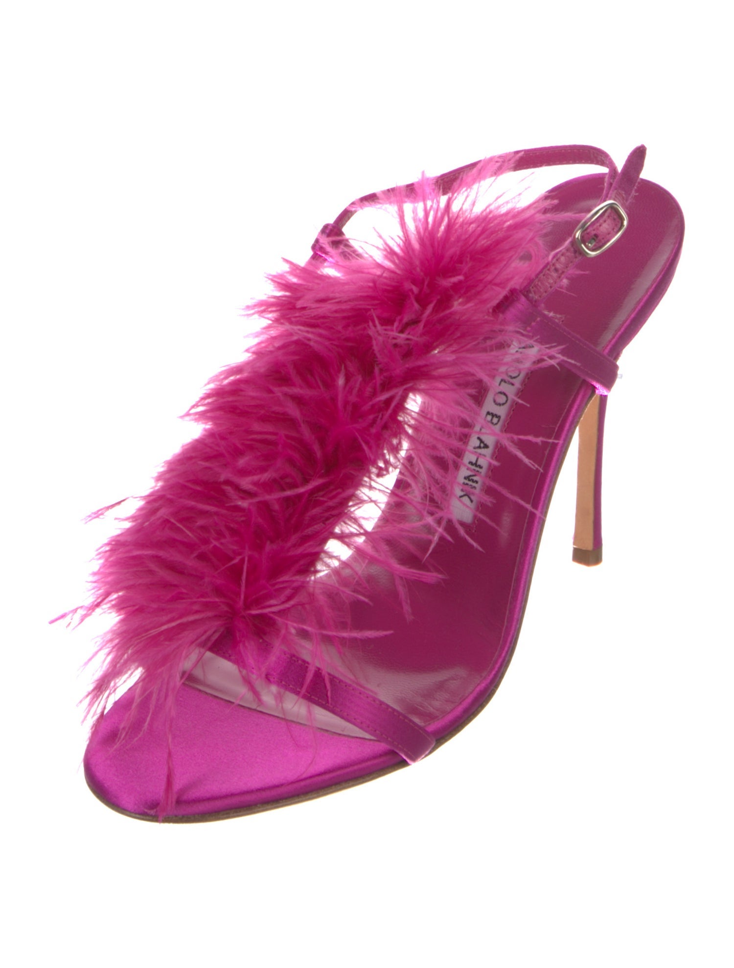 Manolo Blahnik Satin Feather Trim Slingback Sandals