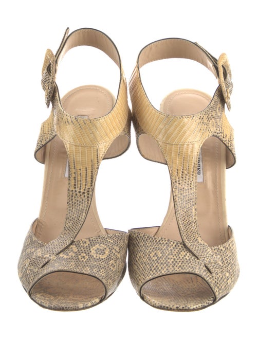 Manolo Blahnik Leather Animal Print T-Strap Sandals
