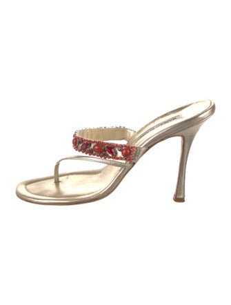 Manolo Blahnik Leather Crystal Embellishments Slides