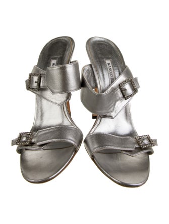 Manolo Blahnik Leather Crystal Embellishments Slides