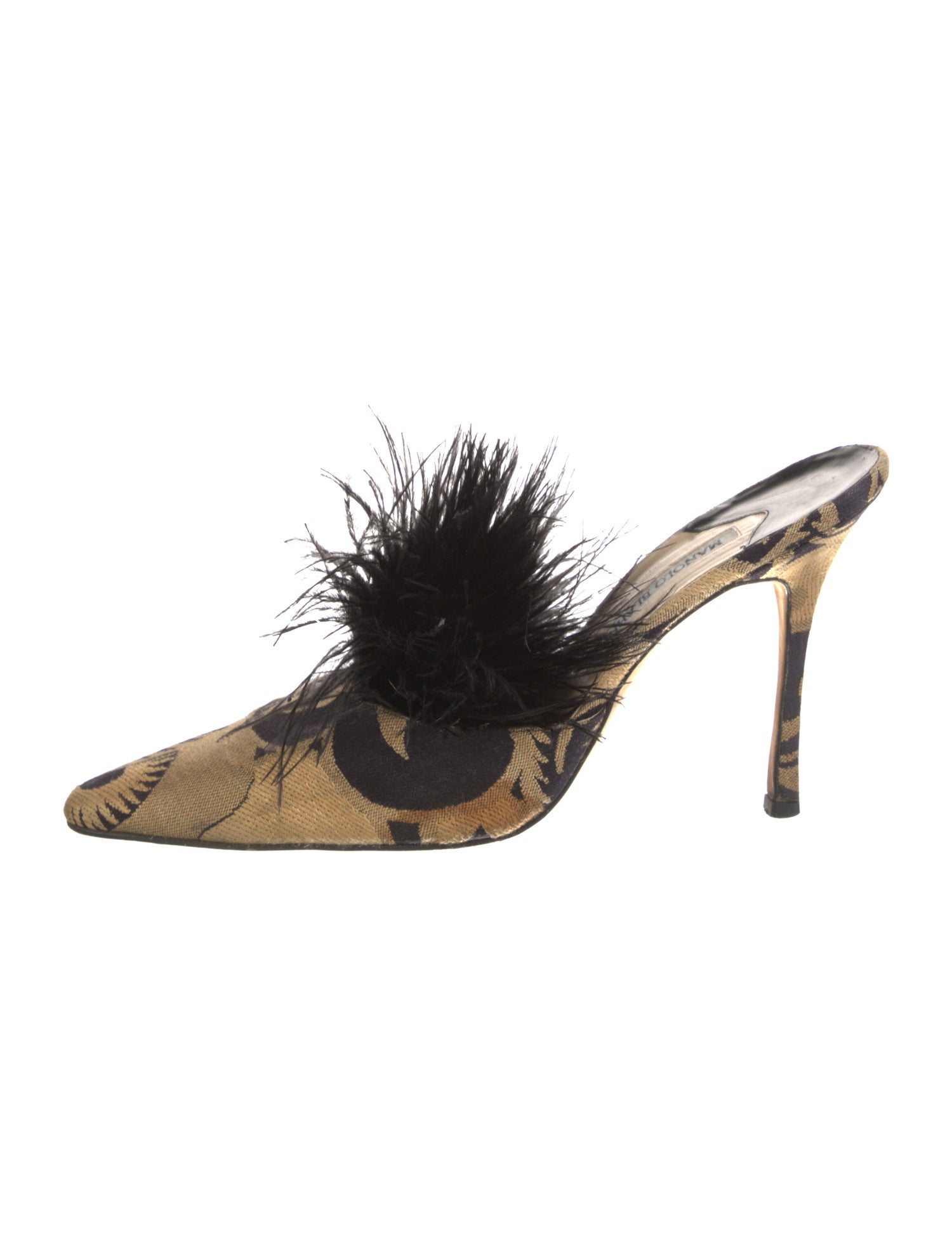 Manolo Blahnik Printed Feather Trim Mules