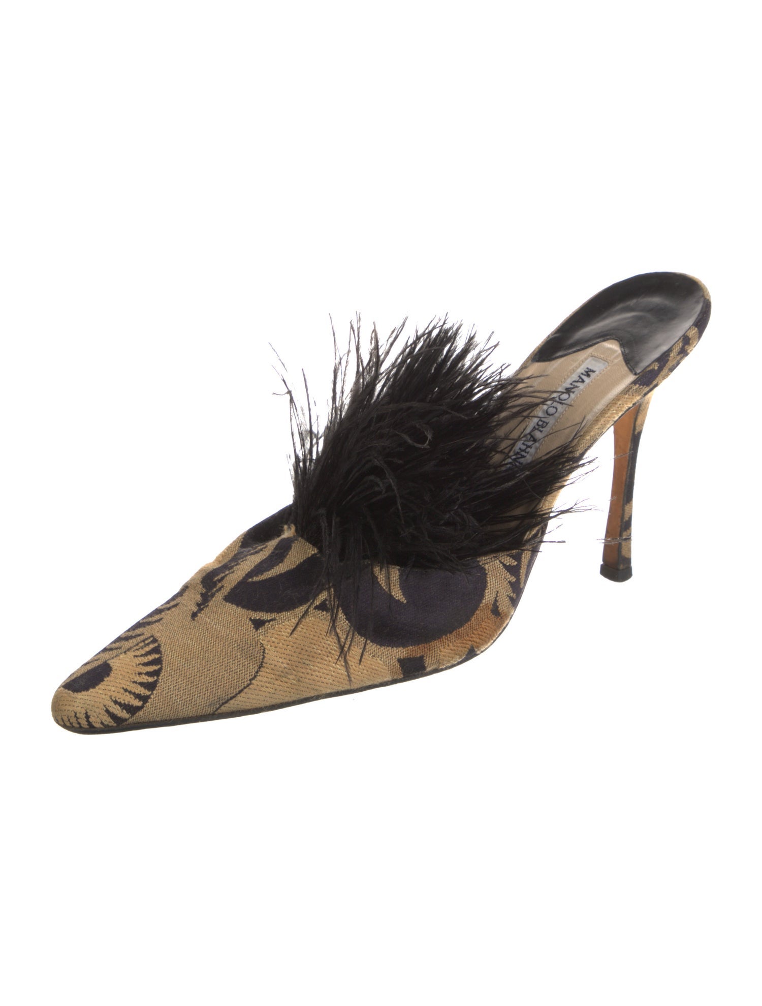 Manolo Blahnik Printed Feather Trim Mules