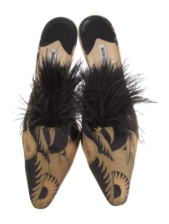 Manolo Blahnik Printed Feather Trim Mules