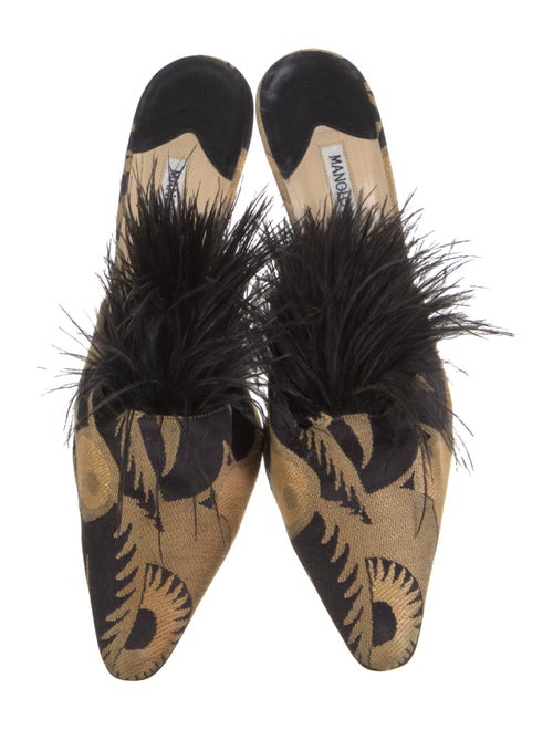 Manolo Blahnik Printed Feather Trim Mules