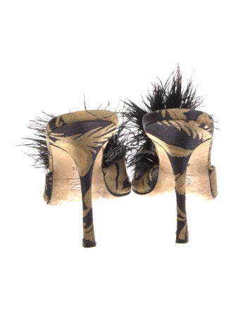 Manolo Blahnik Printed Feather Trim Mules