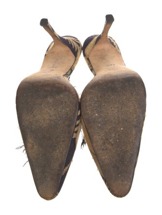 Manolo Blahnik Printed Feather Trim Mules