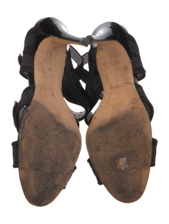 Manolo Blahnik Suede Grosgrain Trim T-Strap Sandals