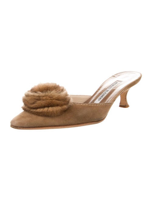Manolo Blahnik Suede Fur Trim Mules