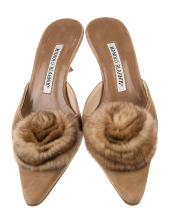 Manolo Blahnik Suede Fur Trim Mules