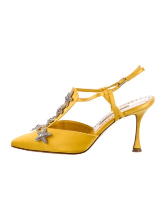 Manolo Blahnik Satin Crystal Embellishments T-Strap Pumps