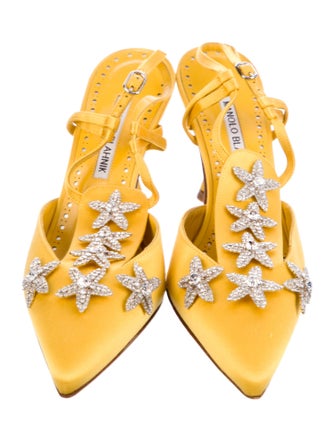 Manolo Blahnik Satin Crystal Embellishments T-Strap Pumps