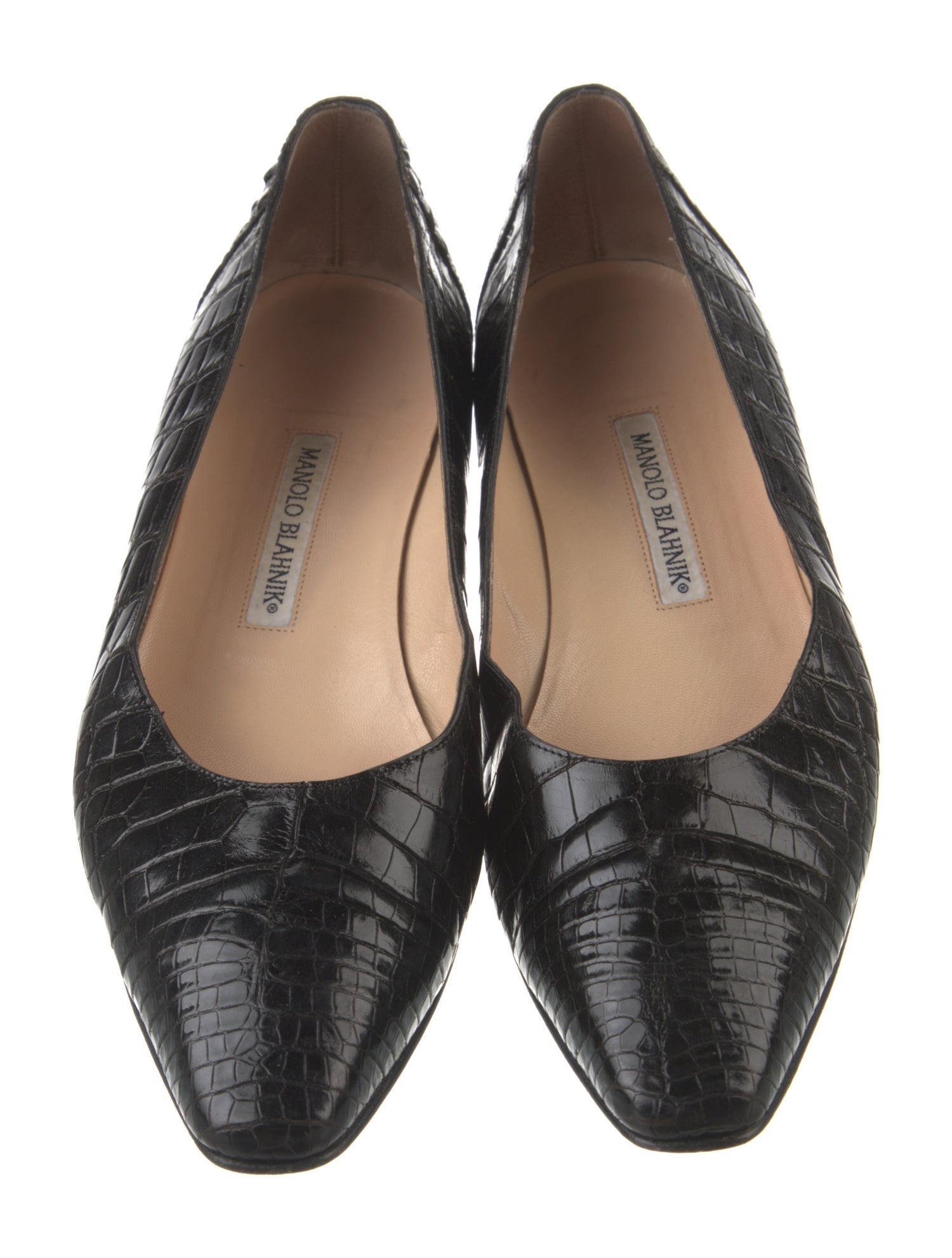 Manolo Blahnik Embossed Leather Bow Accents Flats