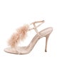 Manolo Blahnik Satin Feather Trim Slingback Sandals