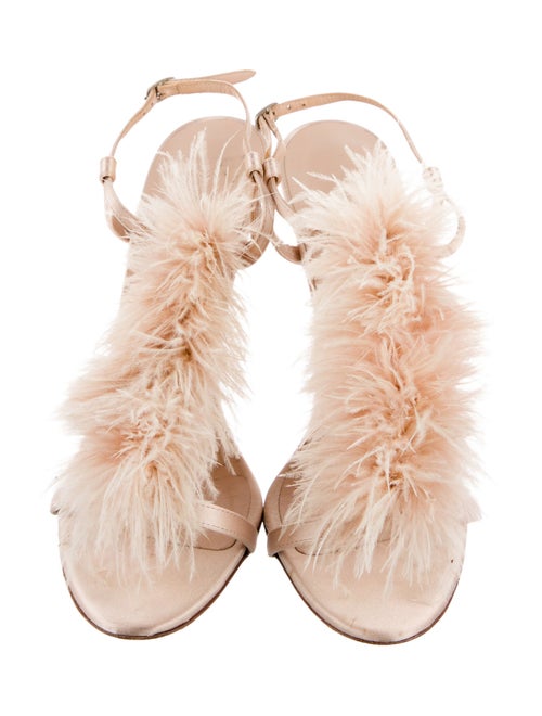Manolo Blahnik Satin Feather Trim Slingback Sandals