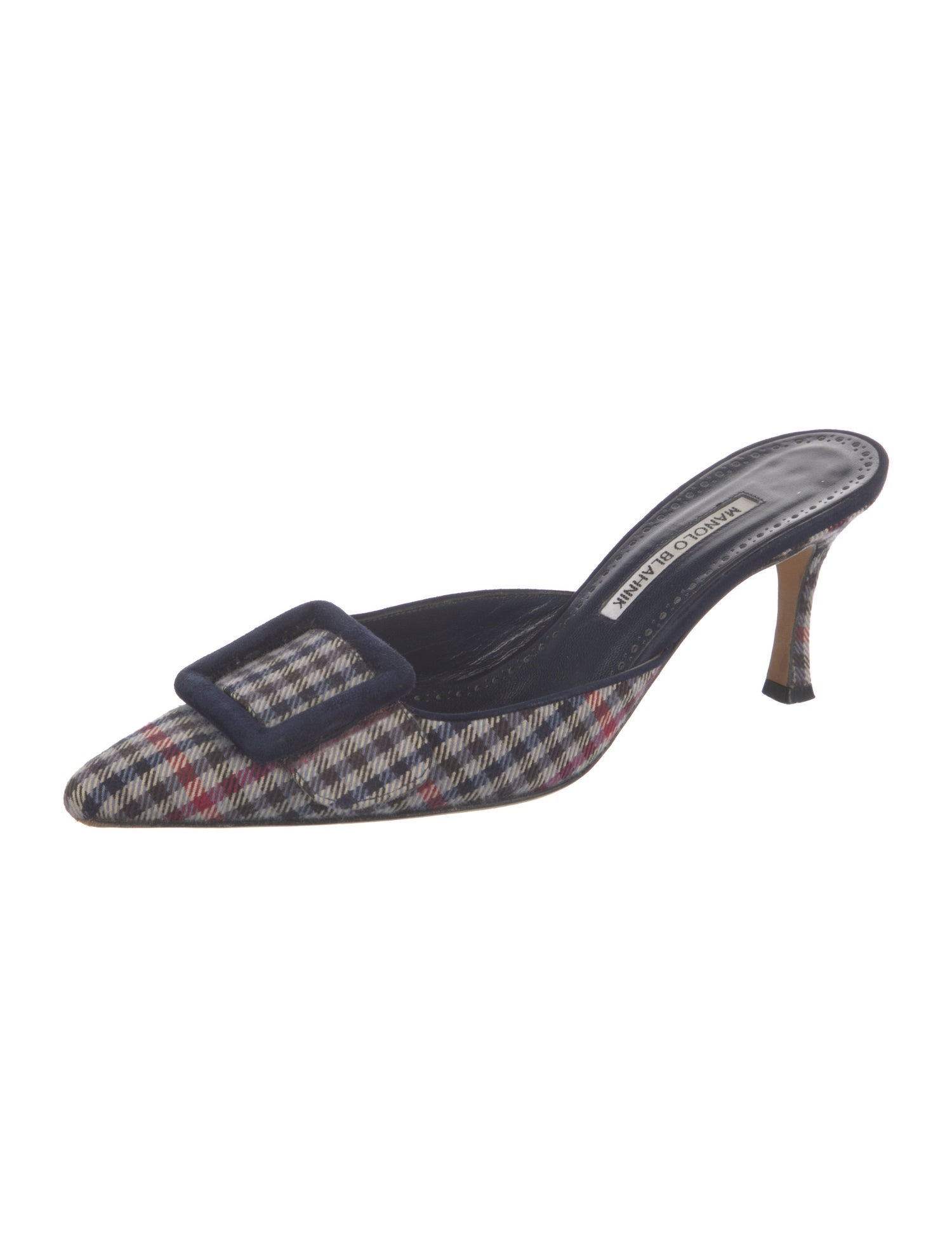 Manolo Blahnik Canvas Plaid Print Mules