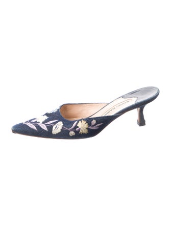 Manolo Blahnik Denim Floral Print Mules