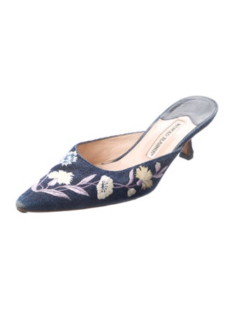 Manolo Blahnik Denim Floral Print Mules