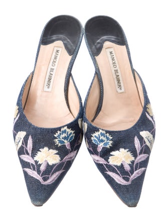 Manolo Blahnik Denim Floral Print Mules
