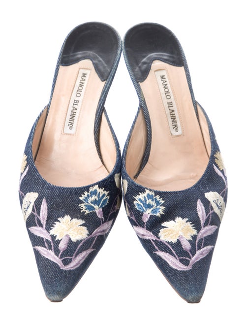 Manolo Blahnik Denim Floral Print Mules