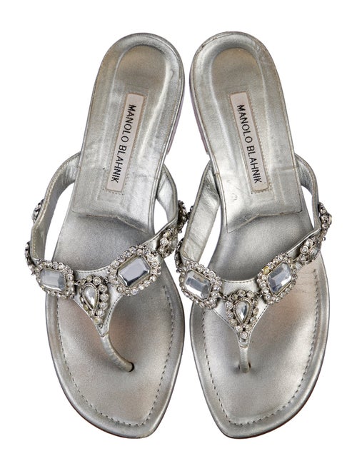 Manolo Blahnik Leather Crystal Embellishments Slides