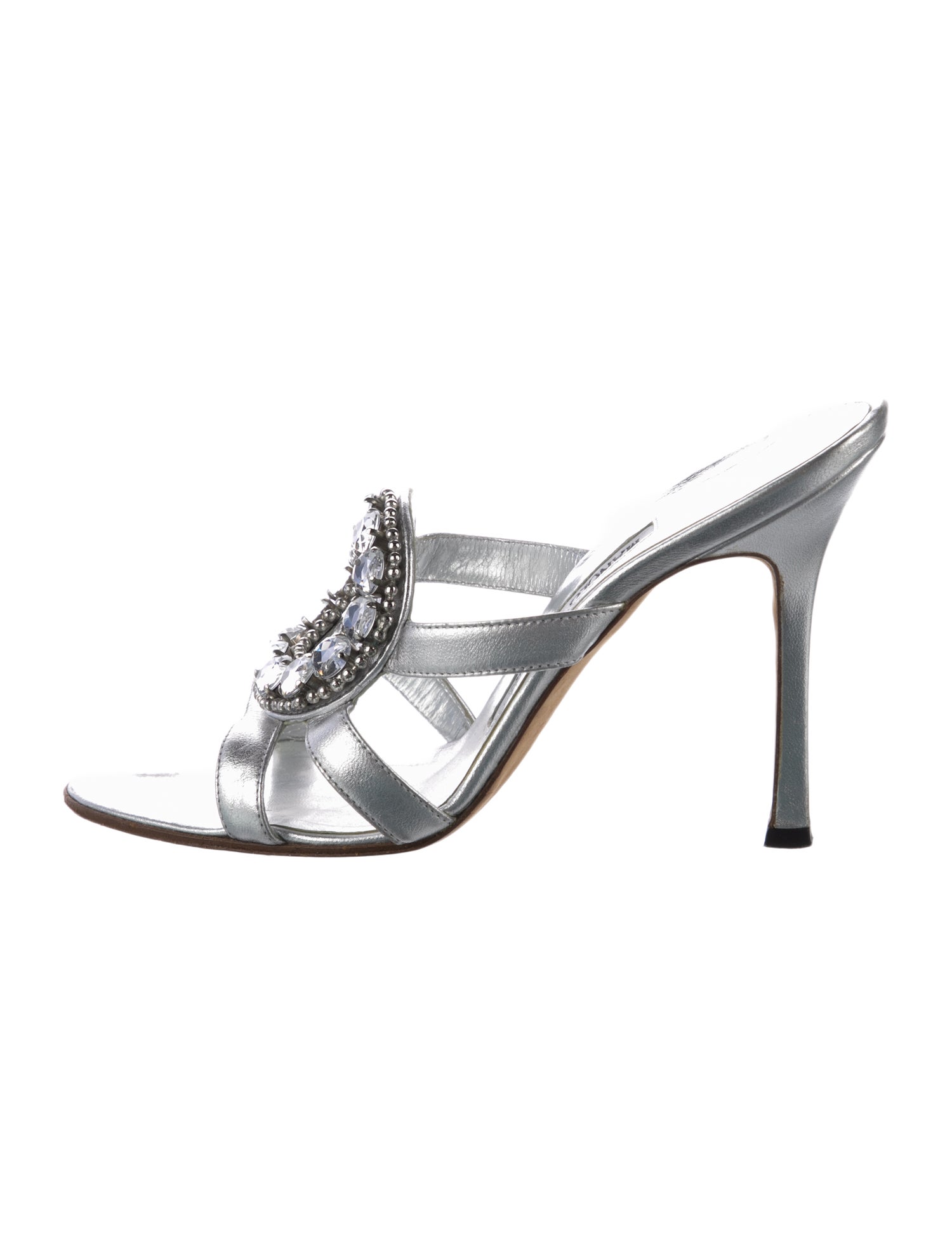 Manolo Blahnik Leather Crystal Embellishments Slides