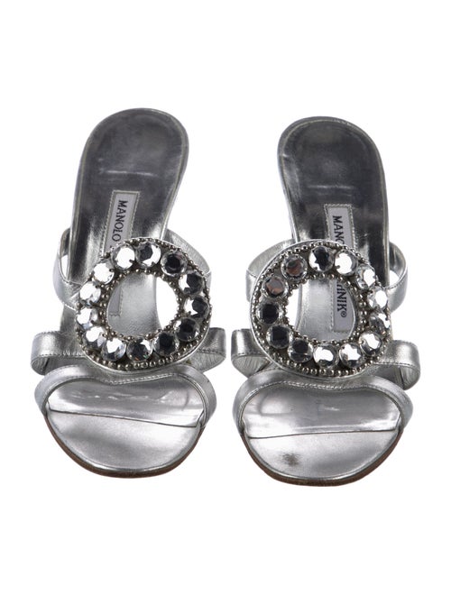 Manolo Blahnik Leather Crystal Embellishments Slides