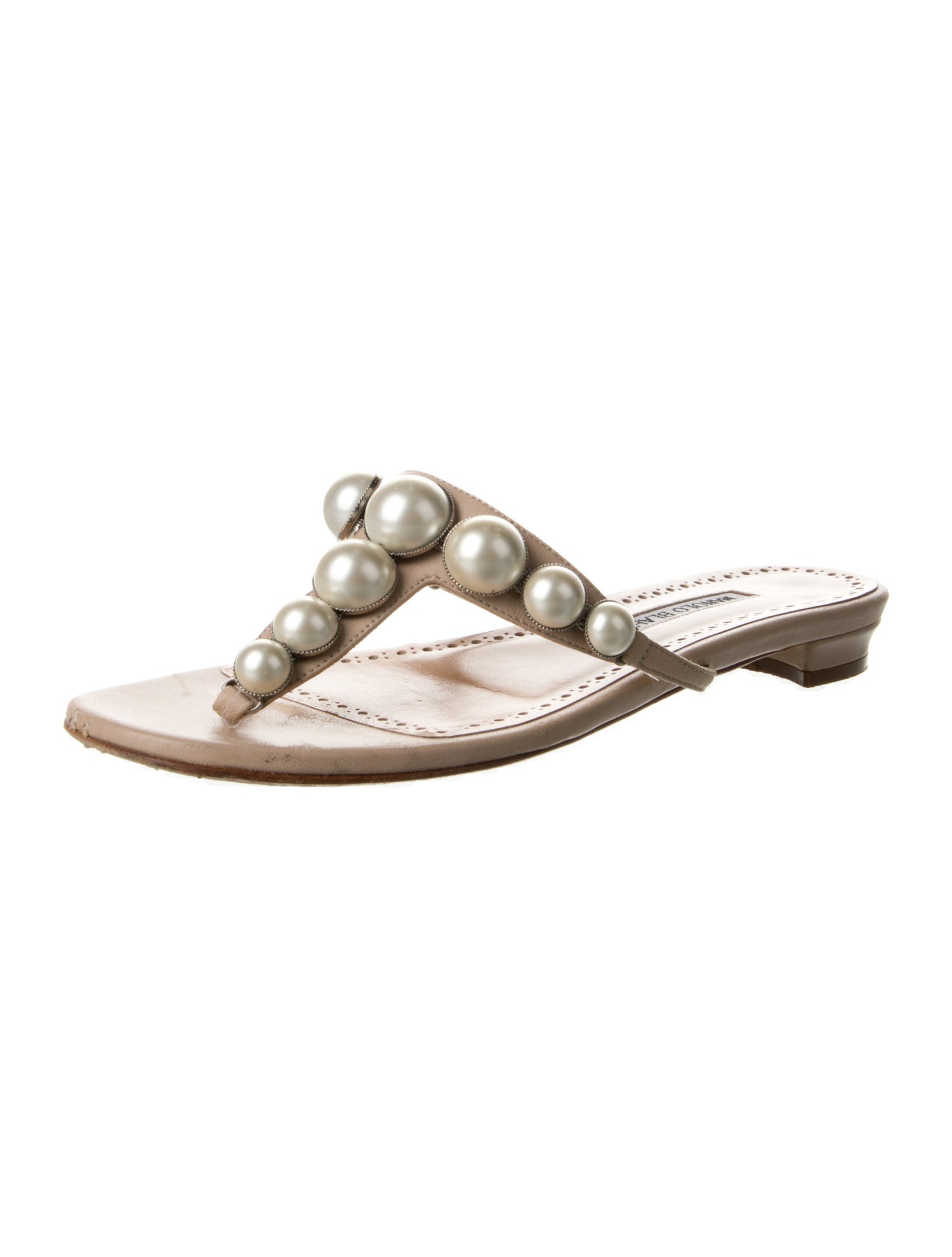 Manolo Blahnik Leather Beaded Accents Slides