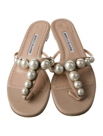 Manolo Blahnik Leather Beaded Accents Slides