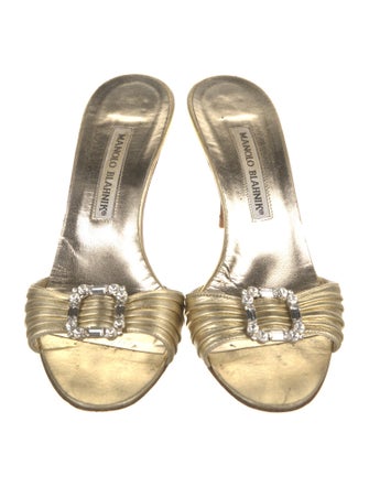 Manolo Blahnik Leather Crystal Embellishments Slides