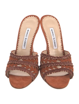 Manolo Blahnik Suede Ruffle Embellishment Slides