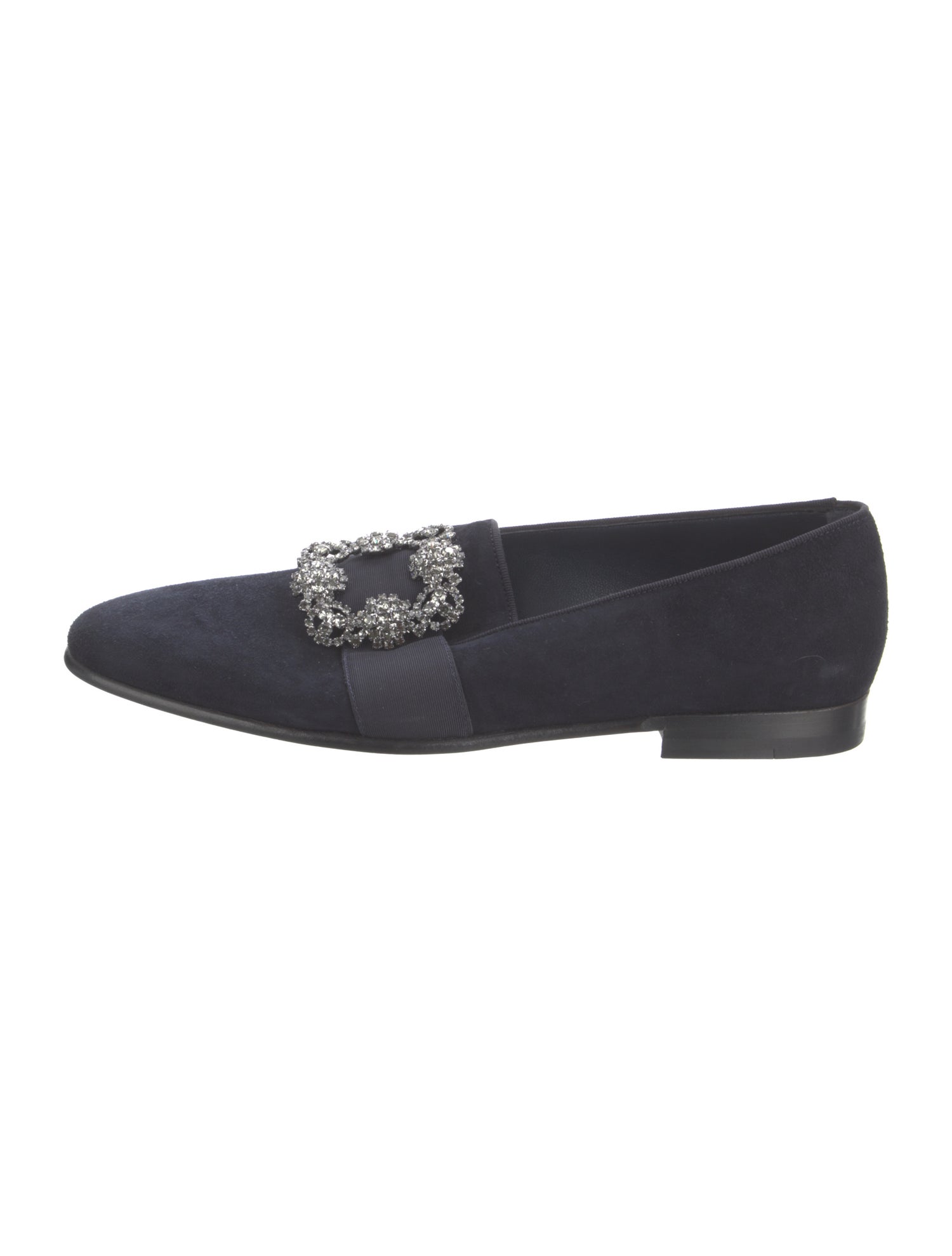 Manolo Blahnik Suede Crystal Embellishments Loafers