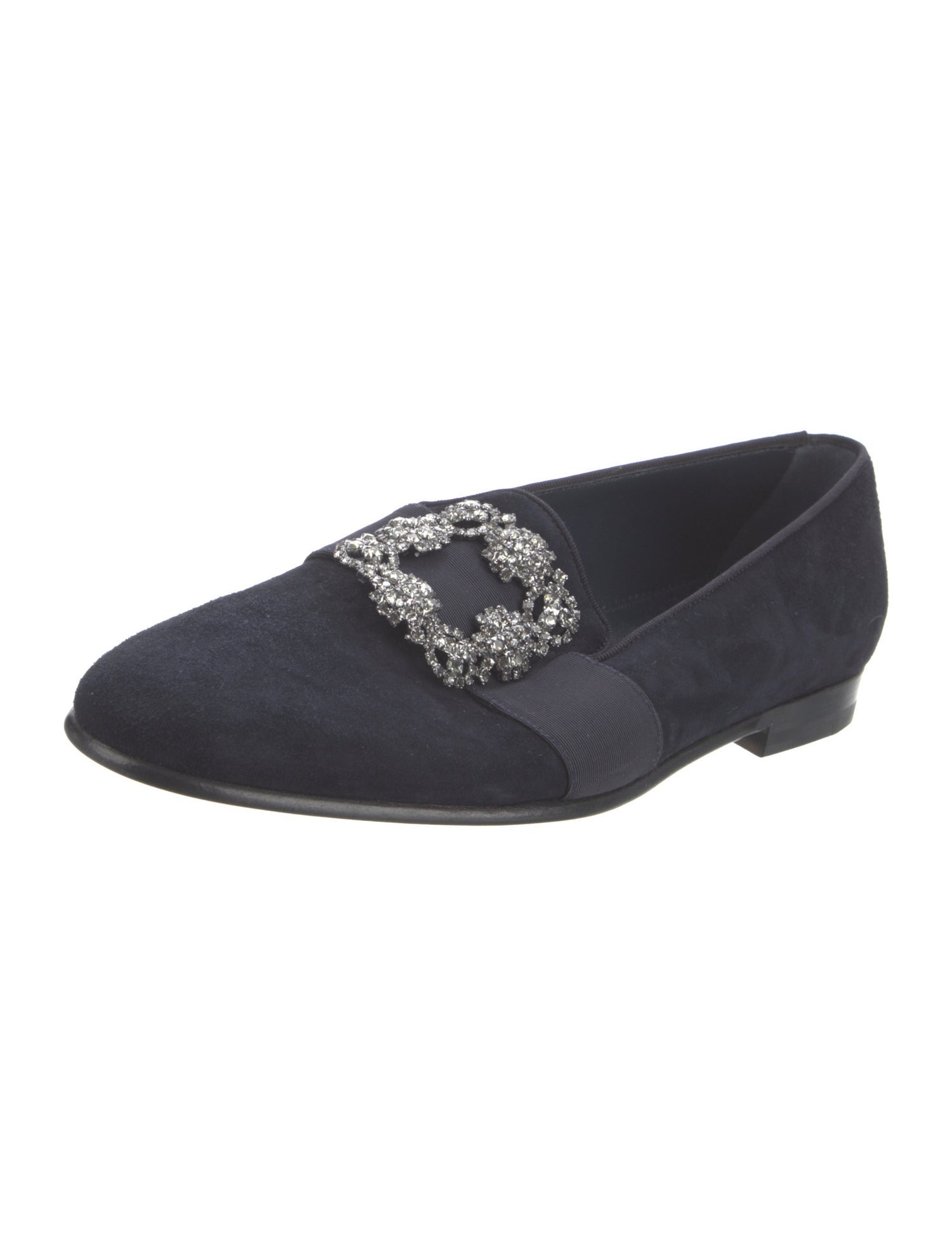 Manolo Blahnik Suede Crystal Embellishments Loafers