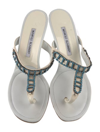 Manolo Blahnik Leather Crystal Embellishments T-Strap Sandals