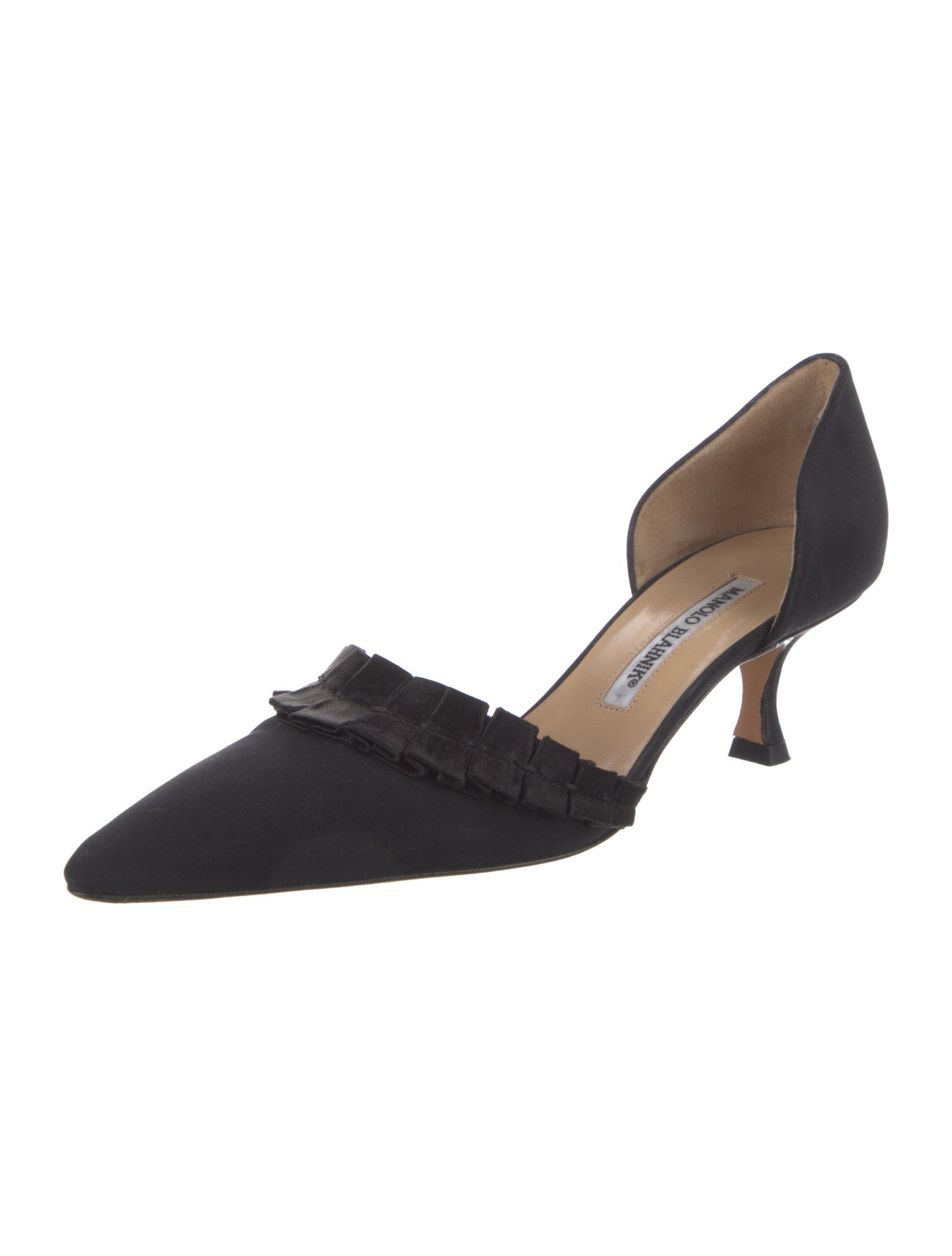 Manolo Blahnik Satin Ruffle Embellishment D'Orsay Pumps