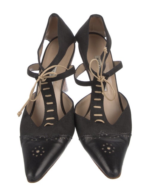Manolo Blahnik Canvas Lasercut Accents T-Strap Pumps