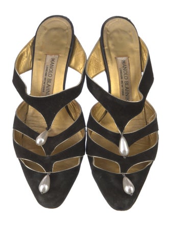 Manolo Blahnik Faux Pearl Accents Suede Mules