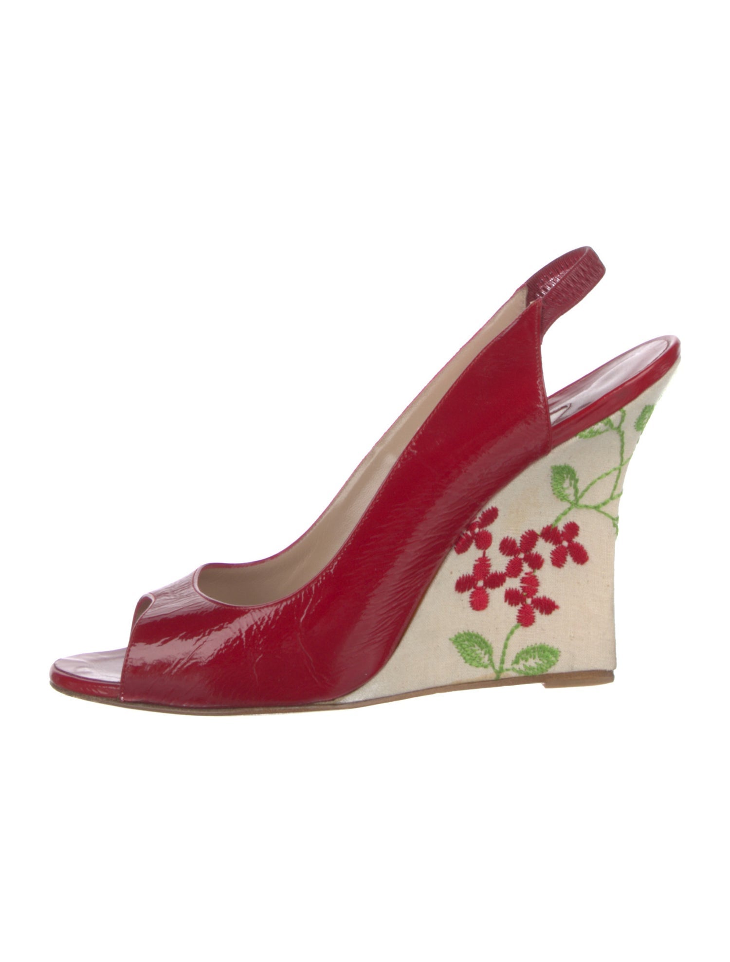 Manolo Blahnik Patent Leather Floral Print Slingback Sandals