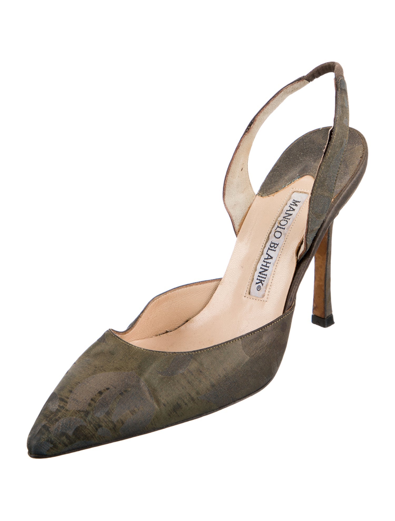 Manolo Blahnik Canvas Leather Trim Embellishment Slingback Pumps