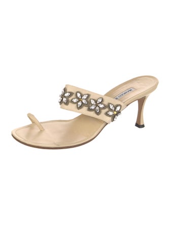 Manolo Blahnik Leather Crystal Embellishments Slides