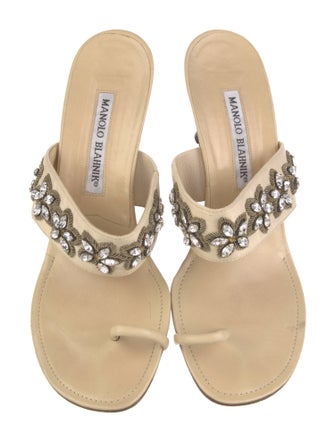 Manolo Blahnik Leather Crystal Embellishments Slides