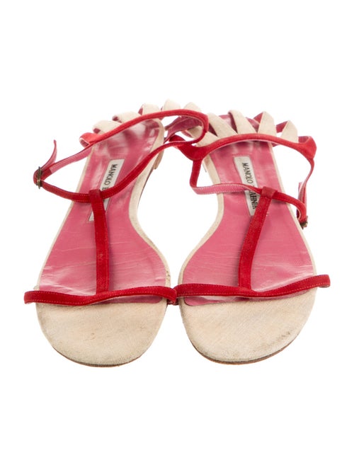 Manolo Blahnik Suede Colorblock Pattern T-Strap Sandals