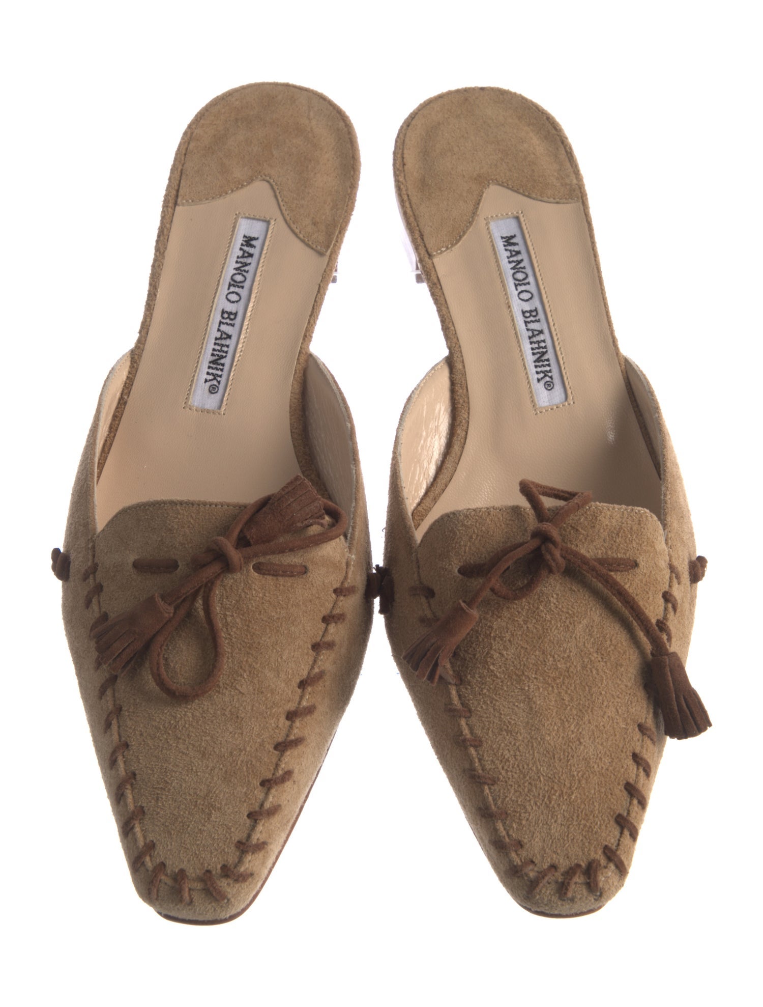 Manolo Blahnik Suede Fringe Trim Accent Mules