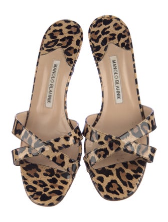 Manolo Blahnik Patent Leather Animal Print Slides