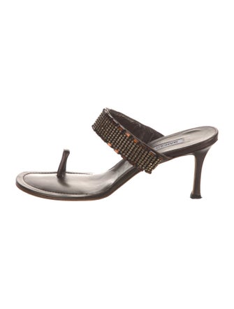 Manolo Blahnik Leather Crystal Embellishments Slides