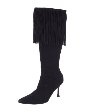 Manolo Blahnik Suede Fringe Trim Accent Boots