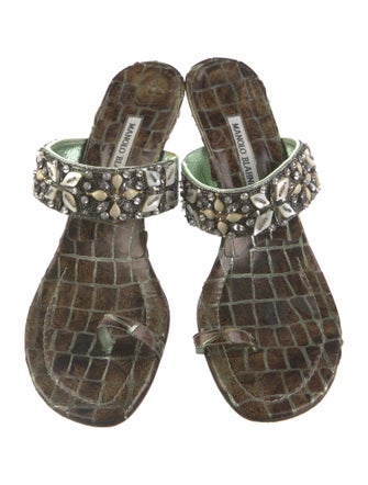 Manolo Blahnik Leather Crystal Embellishments Slides