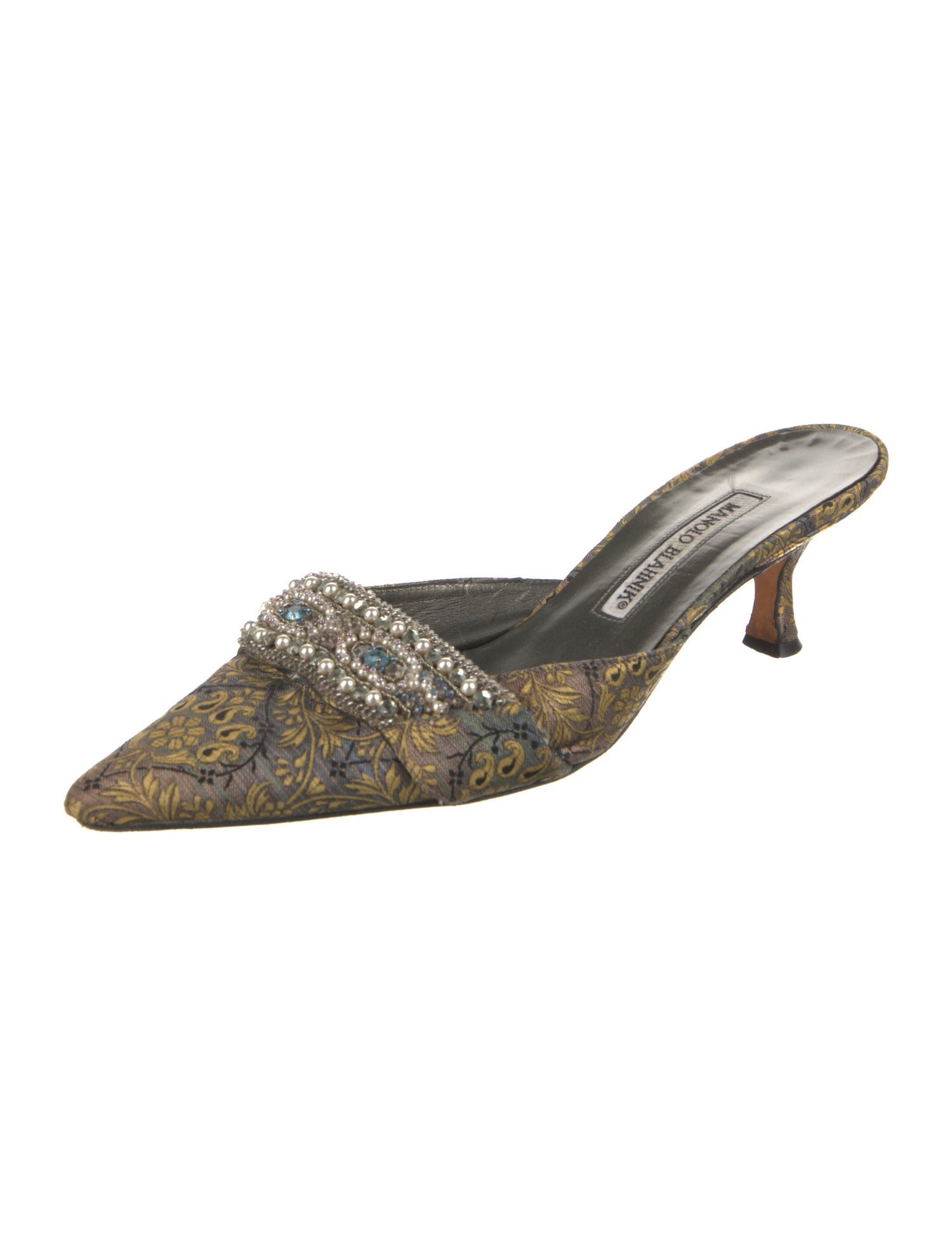 Manolo Blahnik Faux Pearl Accents Printed Mules