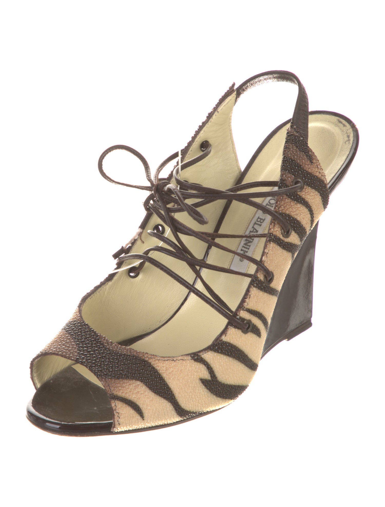 Manolo Blahnik Leather Animal Print Slingback Sandals