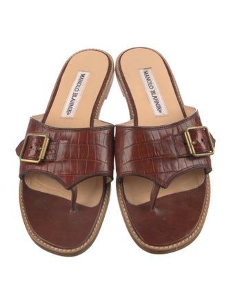 Manolo Blahnik Leather Animal Print Slides